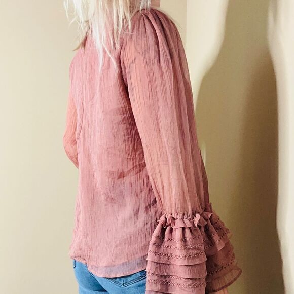 Stellah dusty pink/rose layered semi-sheer exaggerated ruffle bell sleeve blouse - Picture 3 of 12
